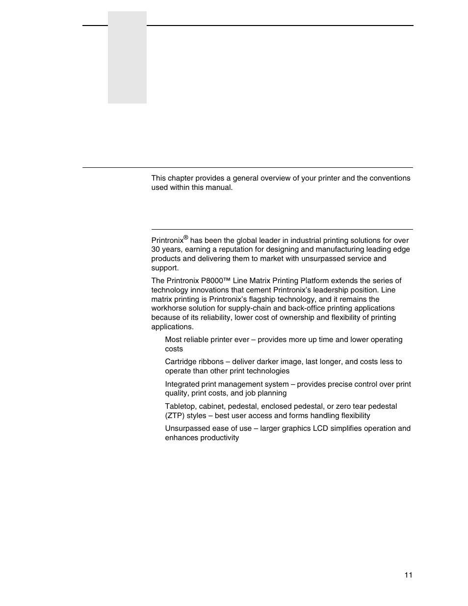 1 introduction, Printer overview, Introduction | Printronix P8000 Series Cartridge Ribbon Printer User Manual | Page 11 / 414