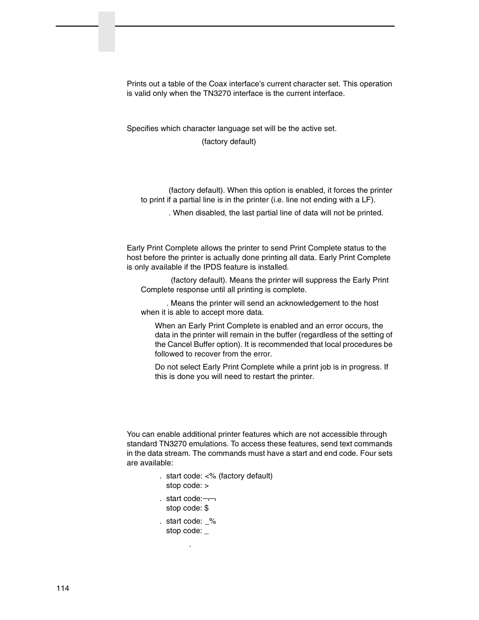 Translation tbl, Active char set, Prt partial line | Early print cmpl, Ptx transparent | Printronix P8000 Series Cartridge Ribbon Printer User Manual | Page 114 / 414