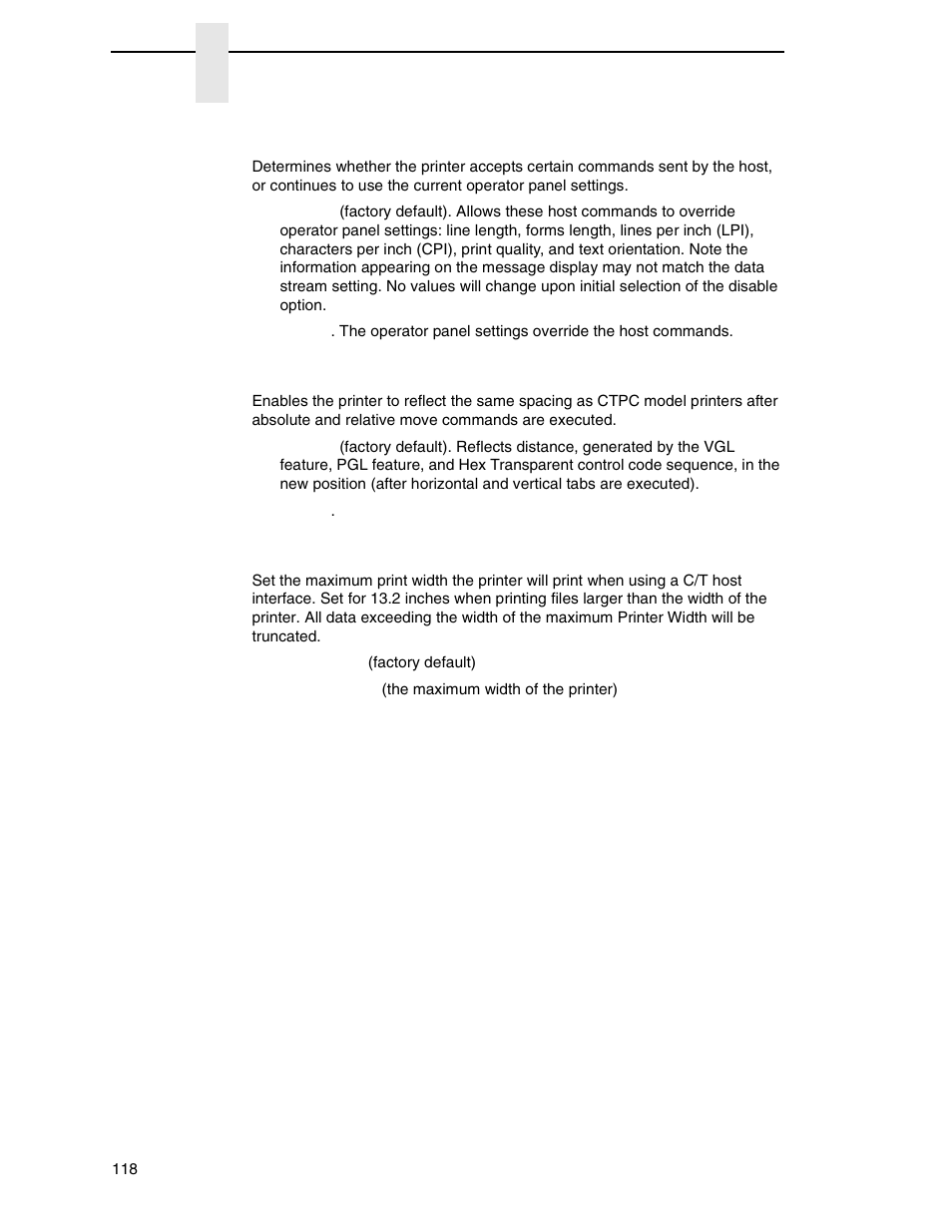 Host override, Format control, Max. print width | Printronix P8000 Series Cartridge Ribbon Printer User Manual | Page 118 / 414