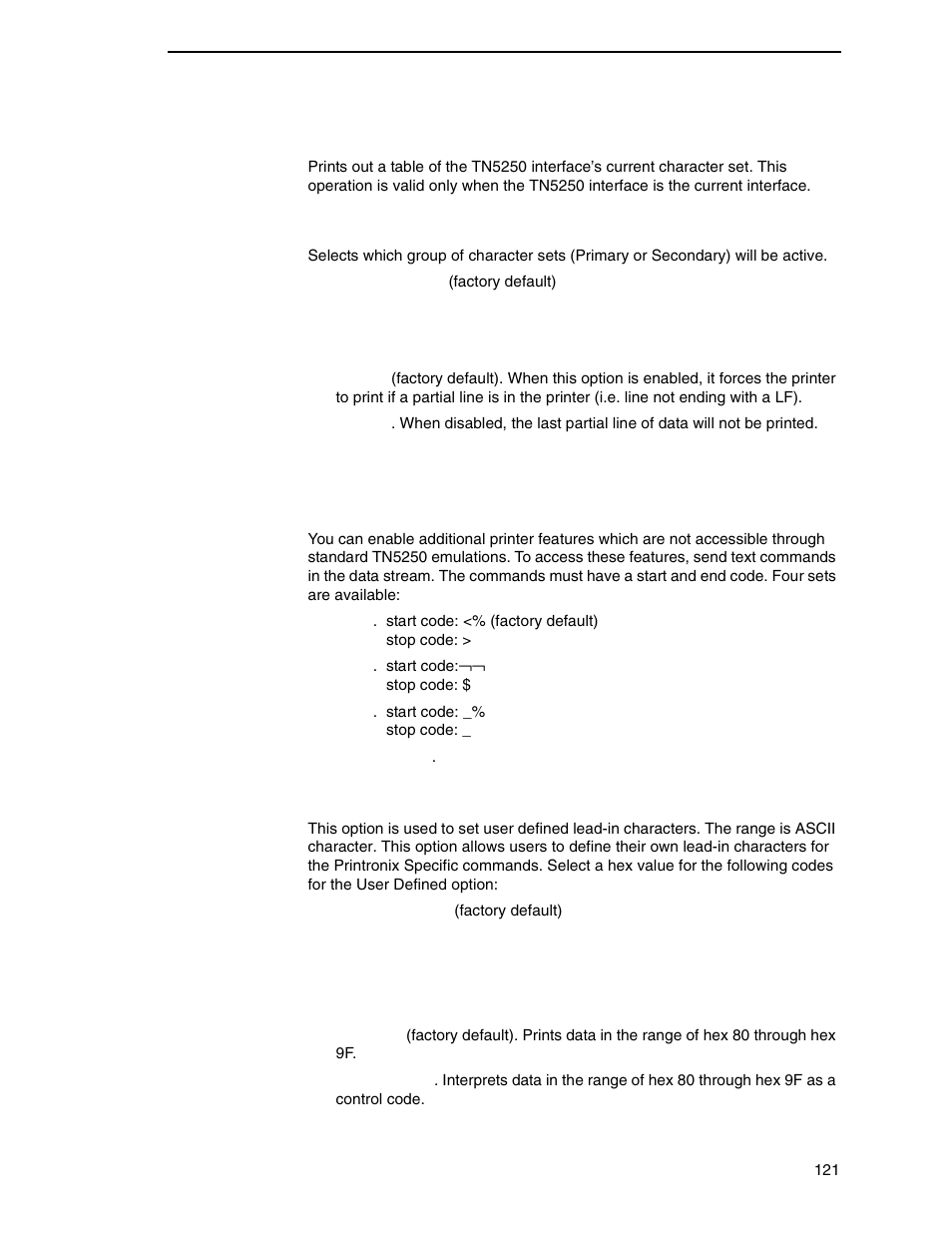 Translation tbl, Active char set, Prt partial line | Ptx transparent | Printronix P8000 Series Cartridge Ribbon Printer User Manual | Page 121 / 414