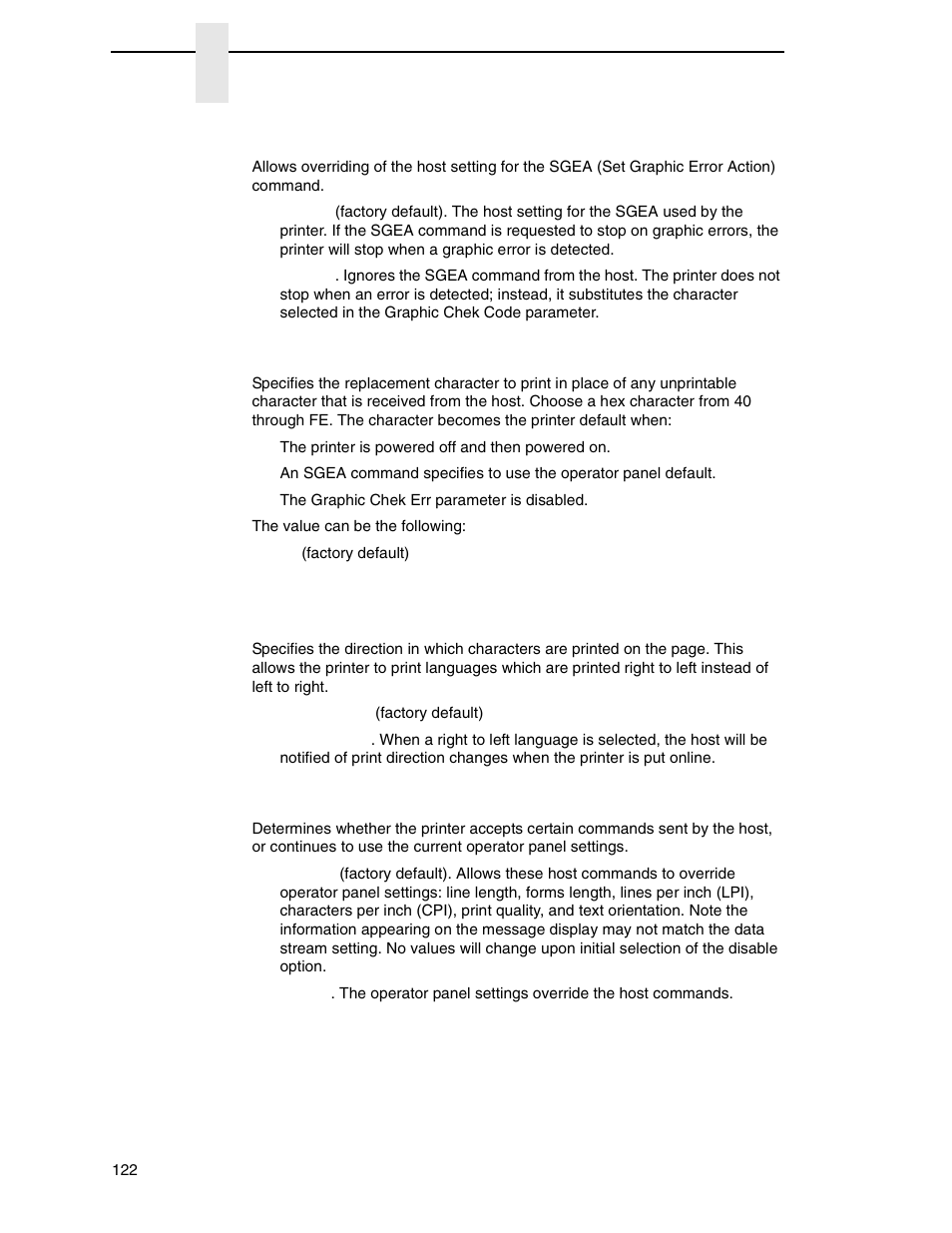 Graphic chek err, Graphic chek cod, Set text orientn | Host override | Printronix P8000 Series Cartridge Ribbon Printer User Manual | Page 122 / 414