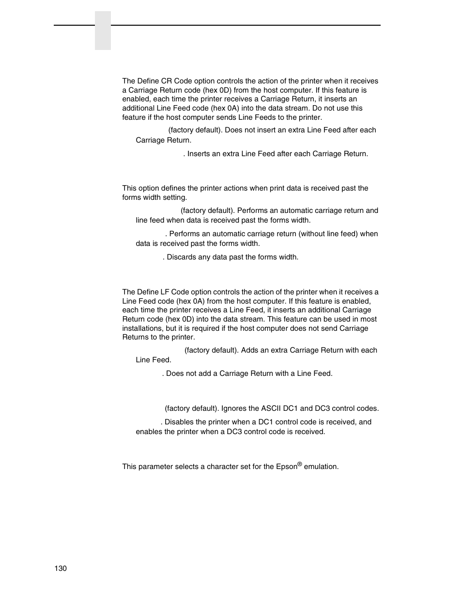 Define cr code, Autowrap, Define lf code | Printer select, Character set | Printronix P8000 Series Cartridge Ribbon Printer User Manual | Page 130 / 414