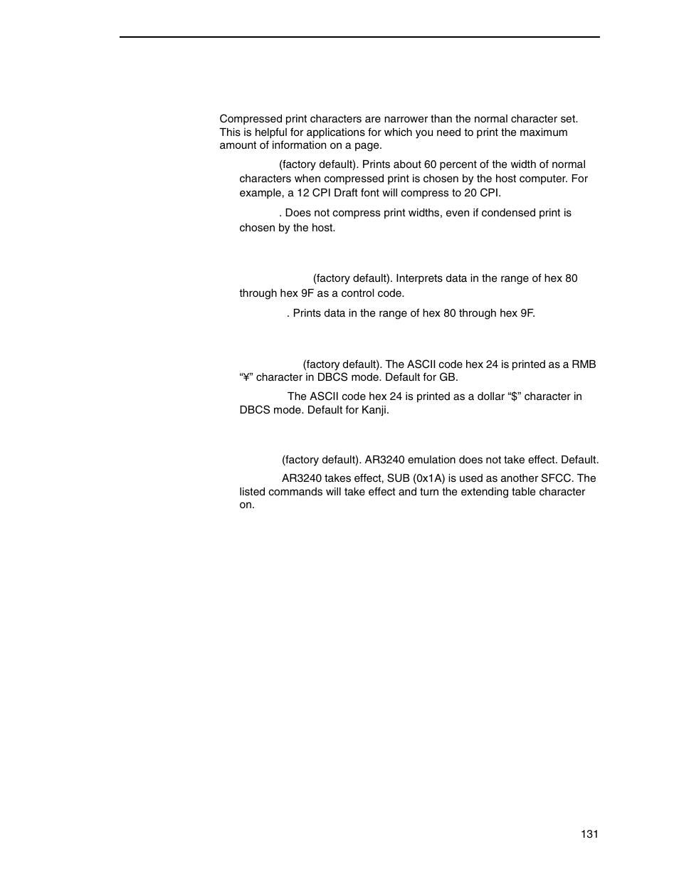 20 cpi condensed, Alt. set 80-9f, Currency sign (for gb and kanji) | Ar3240 (for gb and kanji) | Printronix P8000 Series Cartridge Ribbon Printer User Manual | Page 131 / 414