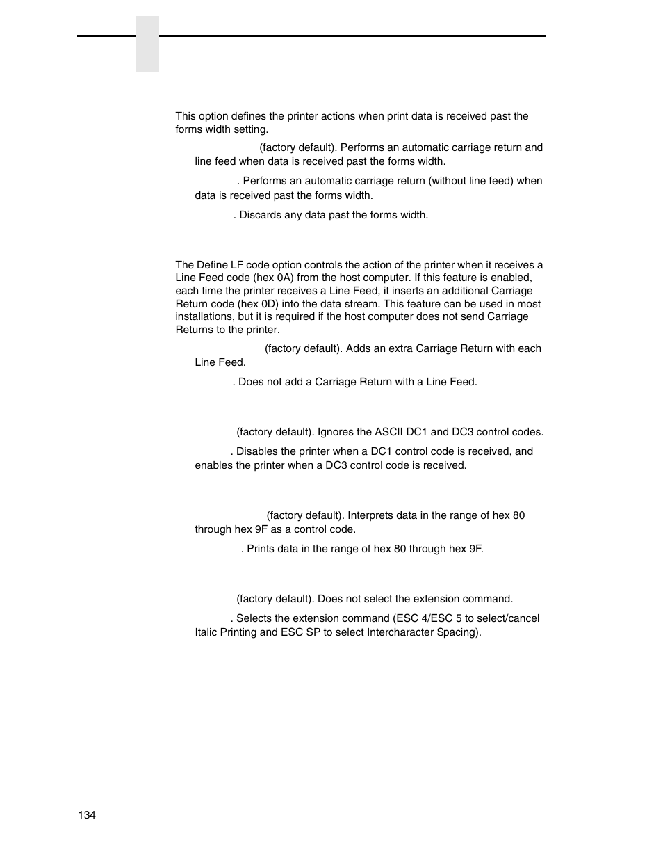 Autowrap, Define lf code, Printer select | Alt. set 80-9f, Emulation extend | Printronix P8000 Series Cartridge Ribbon Printer User Manual | Page 134 / 414