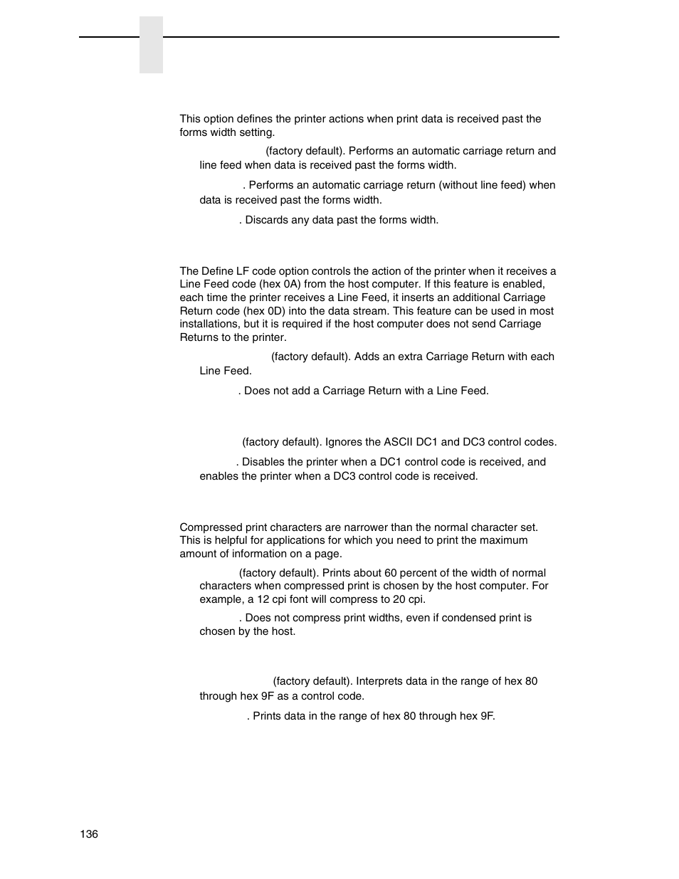 Autowrap, Define lf code, Printer select | 20 cpi condensed, Alt. set 80-9f | Printronix P8000 Series Cartridge Ribbon Printer User Manual | Page 136 / 414