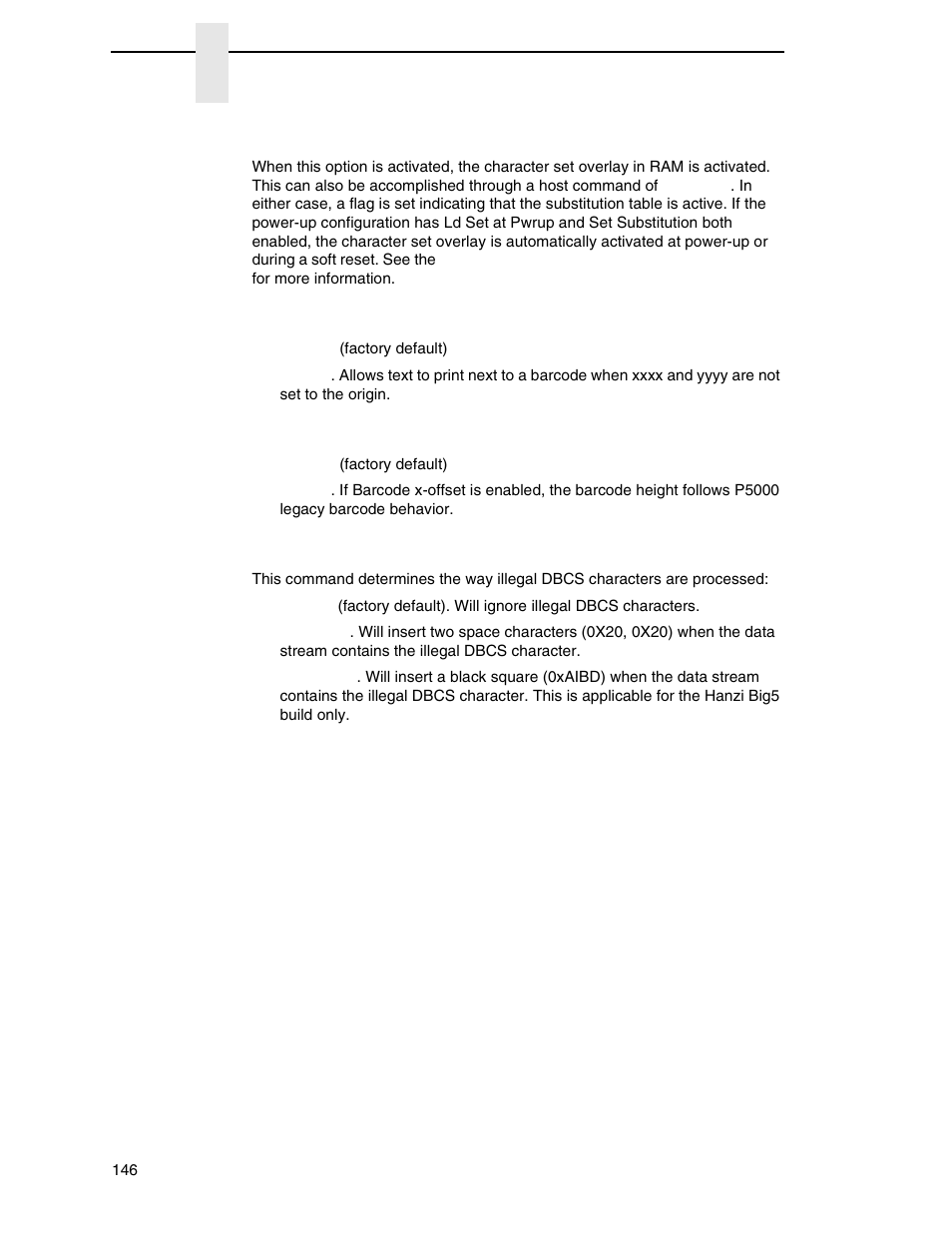 Set substitution, Barcode x-offset, Barcode height | Error handling (h-series) | Printronix P8000 Series Cartridge Ribbon Printer User Manual | Page 146 / 414