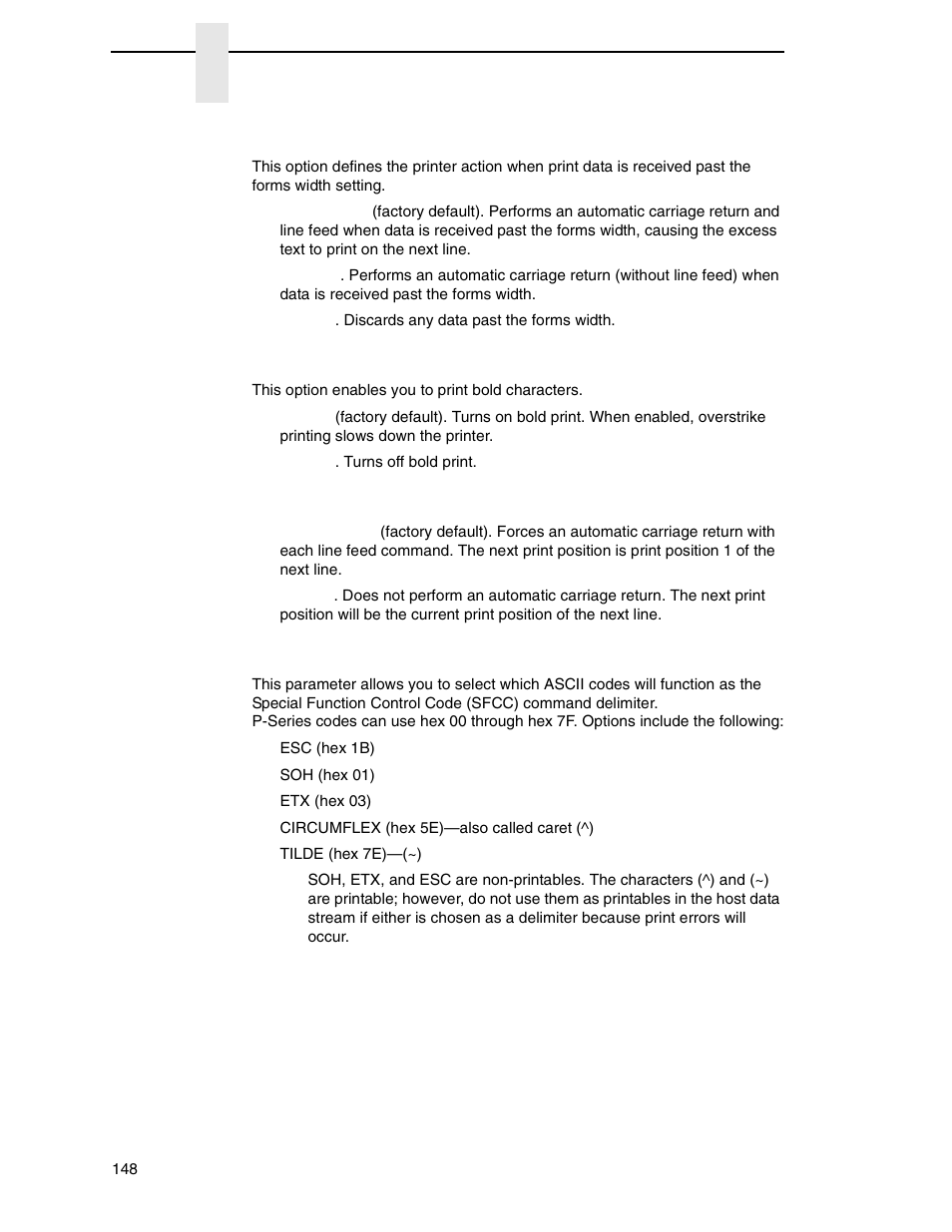 Autowrap, Overstrike, Define lf code | P-series sfcc | Printronix P8000 Series Cartridge Ribbon Printer User Manual | Page 148 / 414