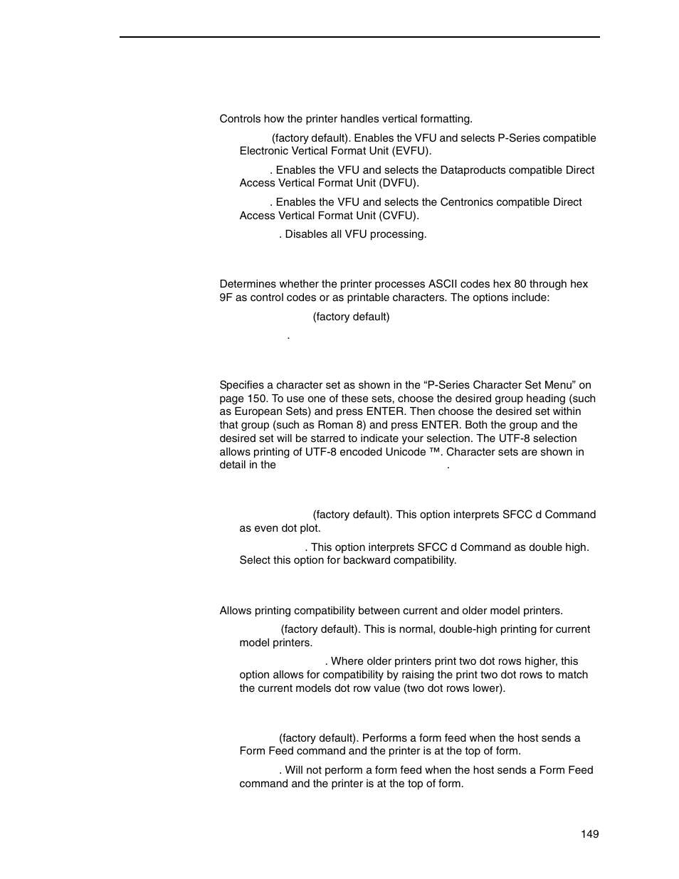 Vfu select, Alt. set 80-9f, Character set | Sfcc d command, Pseries dbl high, Ff valid at tof | Printronix P8000 Series Cartridge Ribbon Printer User Manual | Page 149 / 414