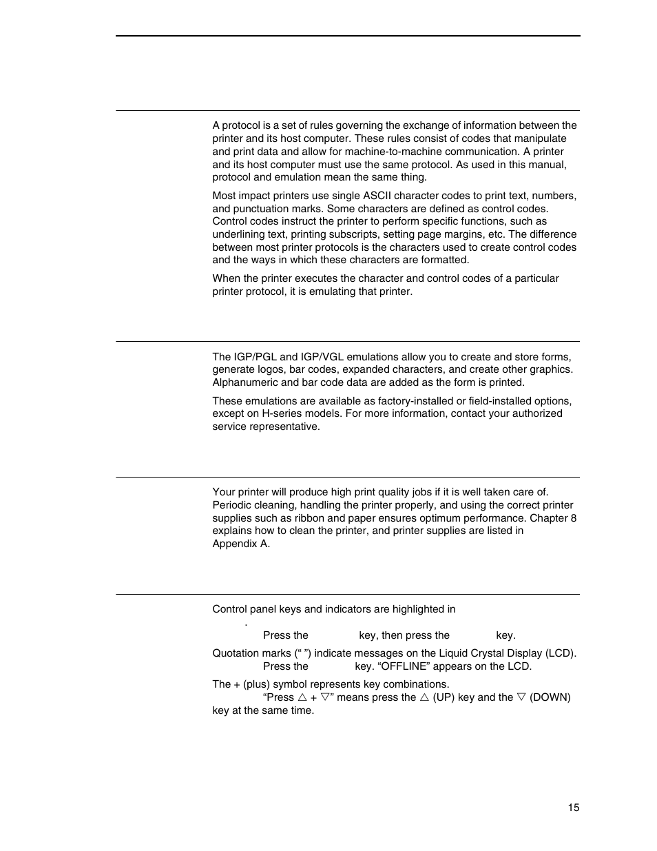 Protocols and emulations, Graphics enhancements, Taking care of your printer | Conventions in this manual | Printronix P8000 Series Cartridge Ribbon Printer User Manual | Page 15 / 414