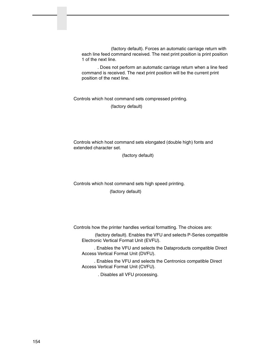 Define lf code, Compressed print, Elong/alt. font | Hs print (high speed print), Vfu select | Printronix P8000 Series Cartridge Ribbon Printer User Manual | Page 154 / 414