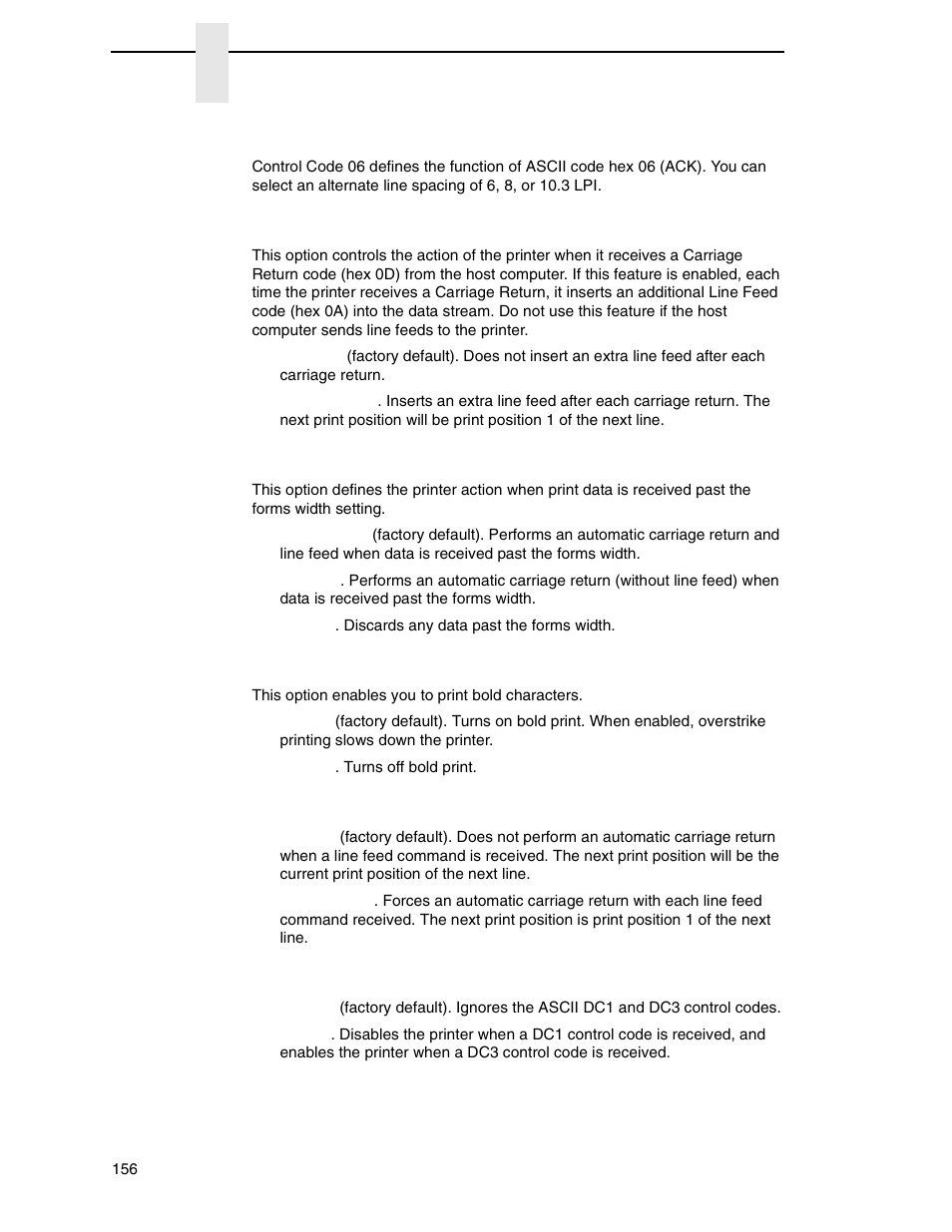 Control code 06, Define cr code, Autowrap | Overstrike, Define lf code, Printer select | Printronix P8000 Series Cartridge Ribbon Printer User Manual | Page 156 / 414