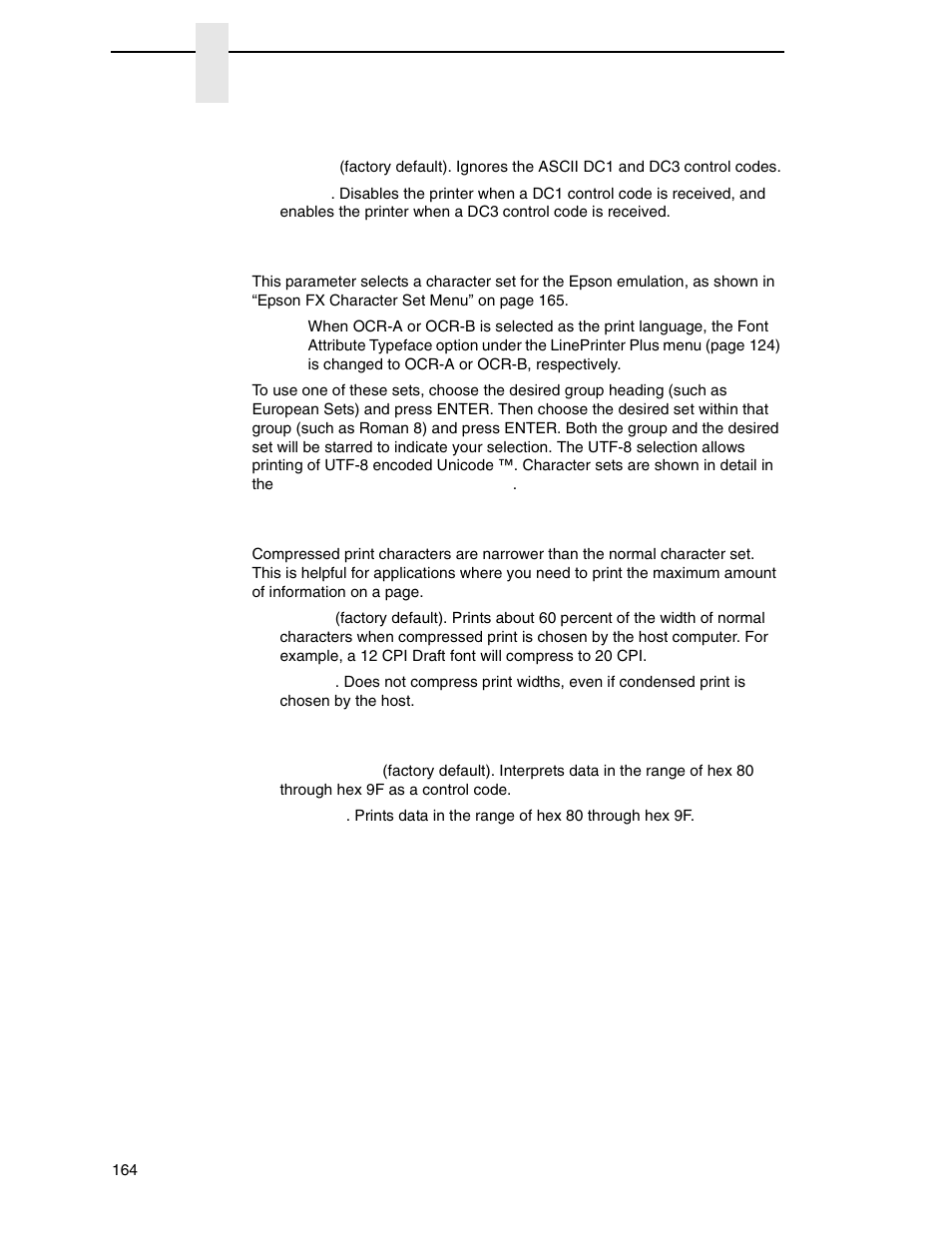 Printer select, Character set, 20 cpi condensed | Alt. set 80-9f | Printronix P8000 Series Cartridge Ribbon Printer User Manual | Page 164 / 414