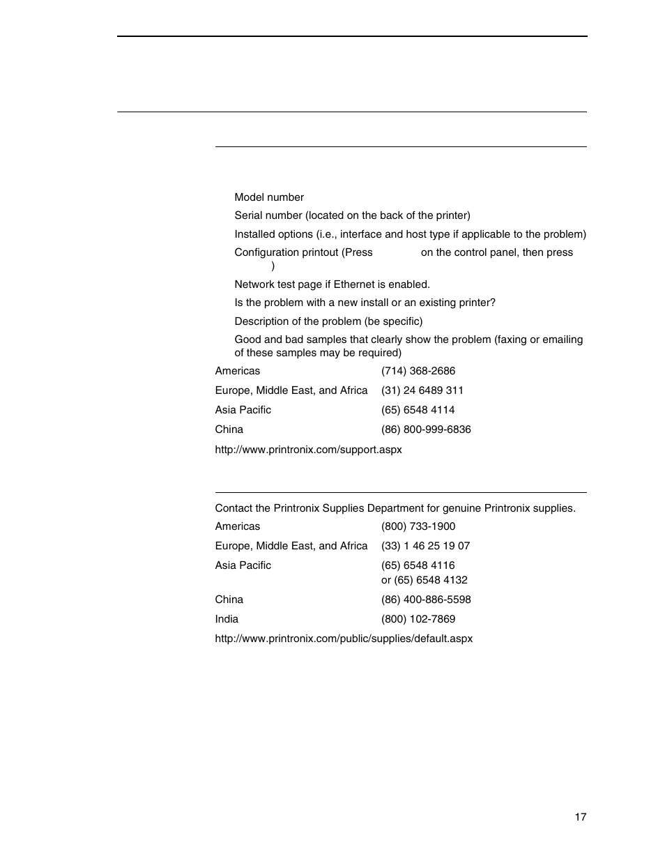 Contact information, Printronix customer support center, Printronix supplies department | Printronix P8000 Series Cartridge Ribbon Printer User Manual | Page 17 / 414
