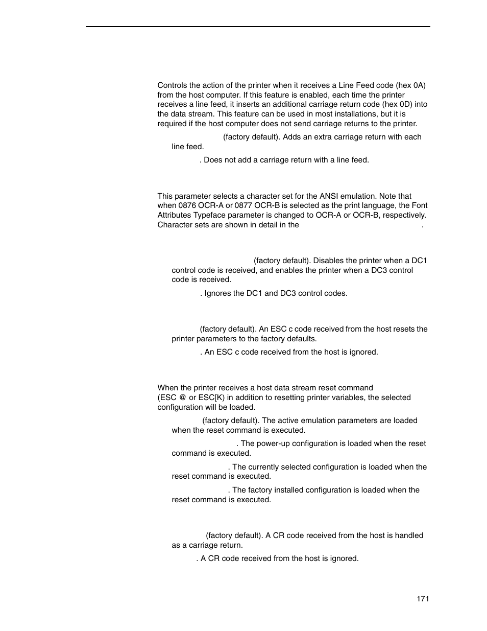 Define lf code, Character set, Printer select | Esc c sequence, Reset cmd cfg ld, Received cr | Printronix P8000 Series Cartridge Ribbon Printer User Manual | Page 171 / 414