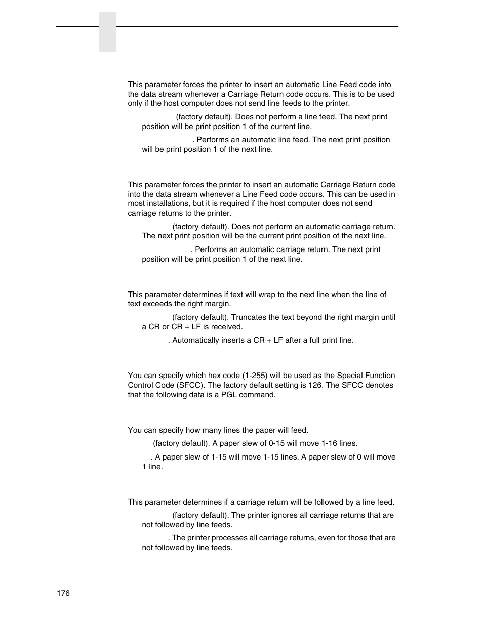 Define cr (carriage return) code, Define lf (line feed) code, Autowrap | Pgl sfcc, Pi slew range, Cr edit | Printronix P8000 Series Cartridge Ribbon Printer User Manual | Page 176 / 414