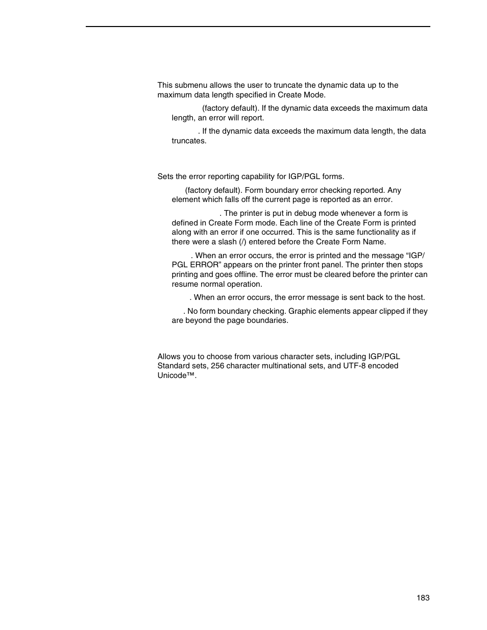 Trunc dyn data, Error report, Select font | Printronix P8000 Series Cartridge Ribbon Printer User Manual | Page 183 / 414