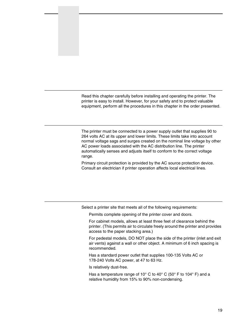 2 setting up the printer, Before you begin, Power requirements | Select a site, Setting up the printer | Printronix P8000 Series Cartridge Ribbon Printer User Manual | Page 19 / 414