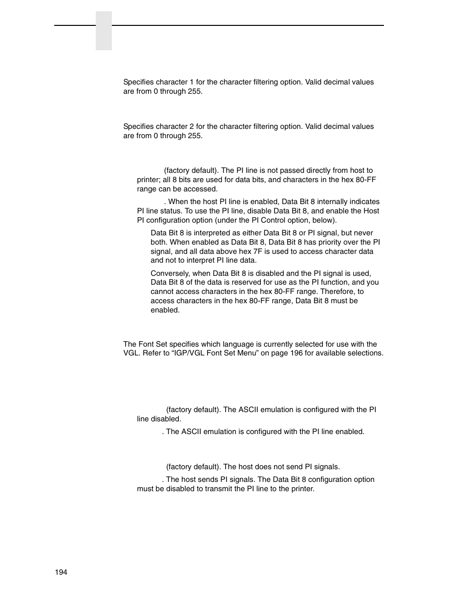 Font set, Pi control | Printronix P8000 Series Cartridge Ribbon Printer User Manual | Page 194 / 414