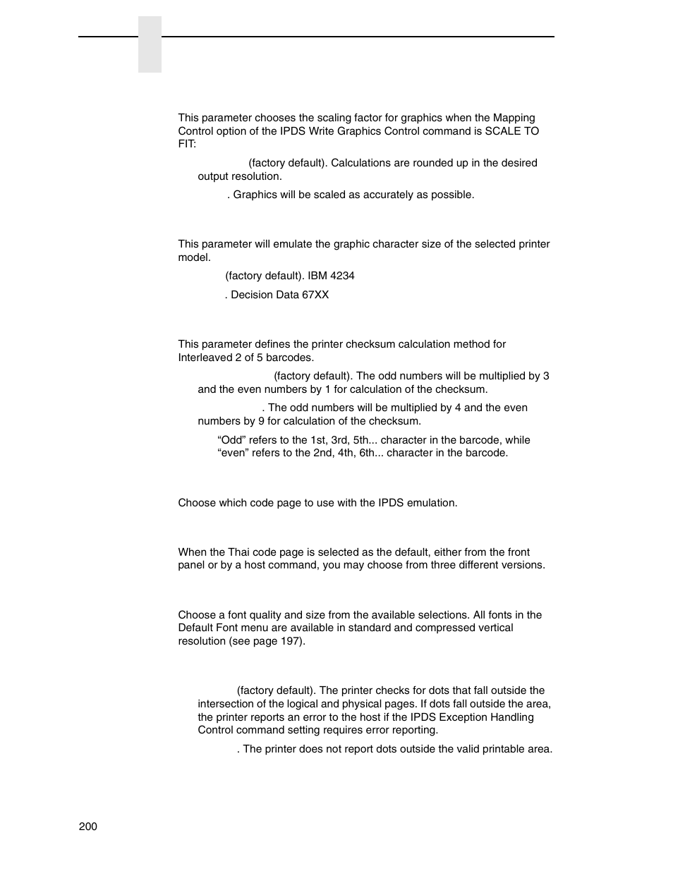 Graphics scaling, Graphic charsize, I2/5 checksum | Default code page, Code page subset, Default font, Vpa check | Printronix P8000 Series Cartridge Ribbon Printer User Manual | Page 200 / 414