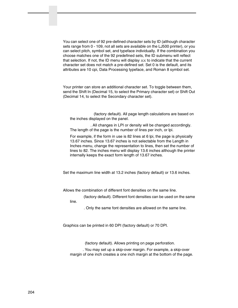 Primary char. set, Second char. set, Page length rep | Max line width, Face cpi delay, Graphics density, Perforation skip | Printronix P8000 Series Cartridge Ribbon Printer User Manual | Page 204 / 414