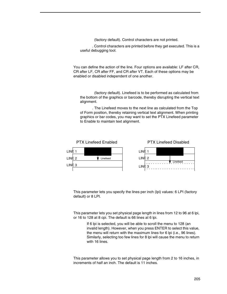 Display functions, Line terminator, Ptx linefeed | Lpi adjust, Page l./lines, Page l./inches | Printronix P8000 Series Cartridge Ribbon Printer User Manual | Page 205 / 414