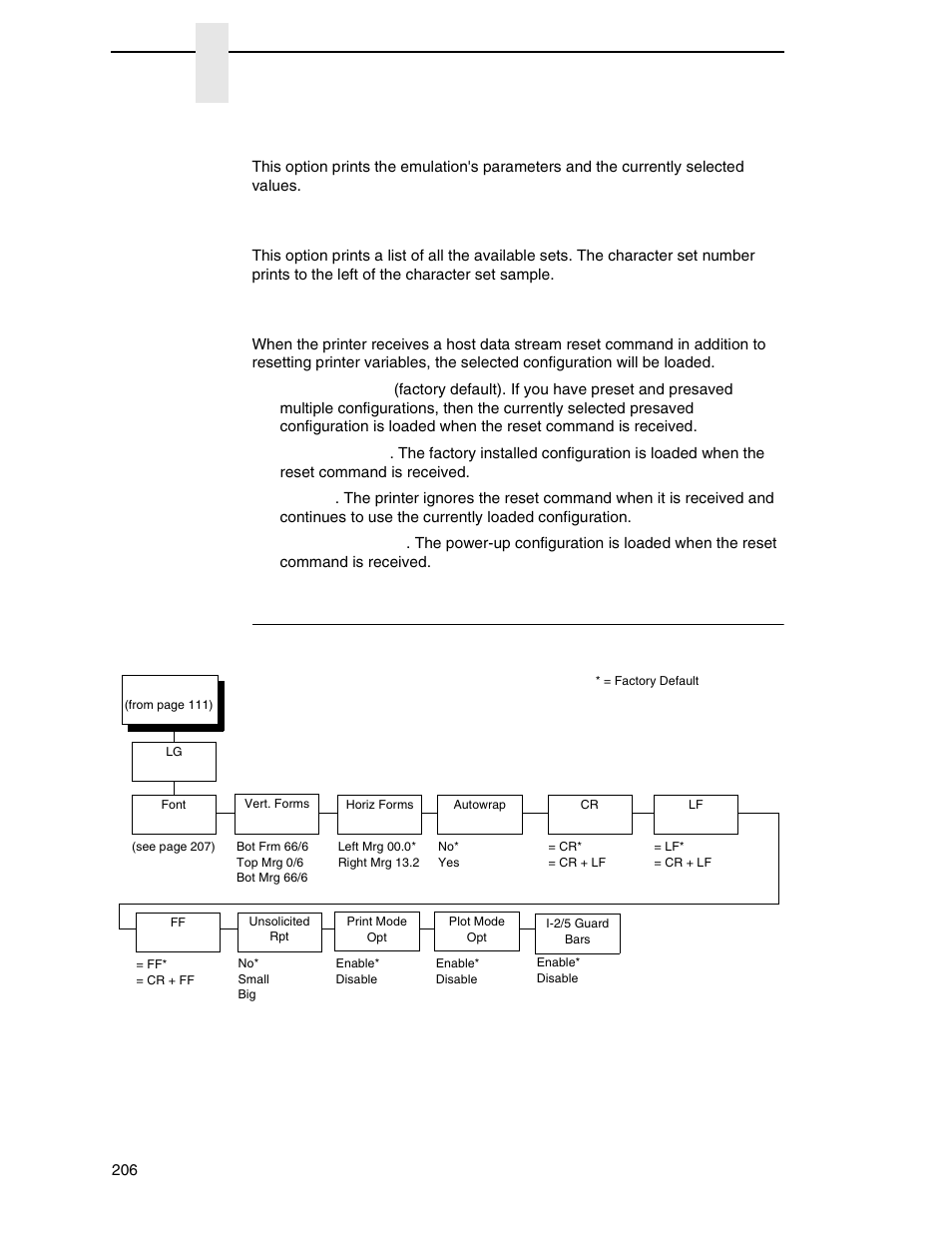 Lg emulation, Config print, Symbol set print | Reset cmd cfg ld, Chapter 4 | Printronix P8000 Series Cartridge Ribbon Printer User Manual | Page 206 / 414