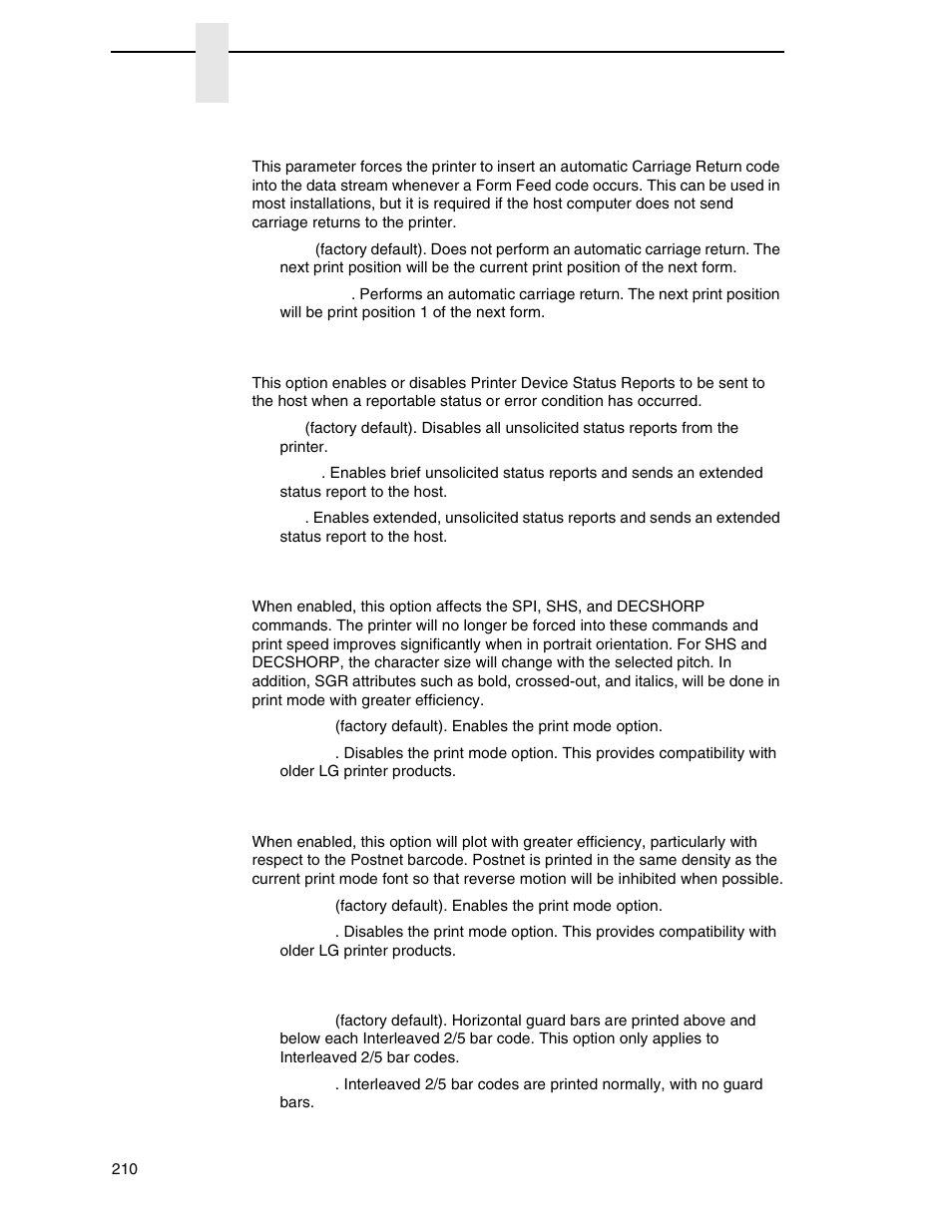 Unsolicited rpt, Print mode opt, Plot mode opt | I-2/5 guard bars | Printronix P8000 Series Cartridge Ribbon Printer User Manual | Page 210 / 414