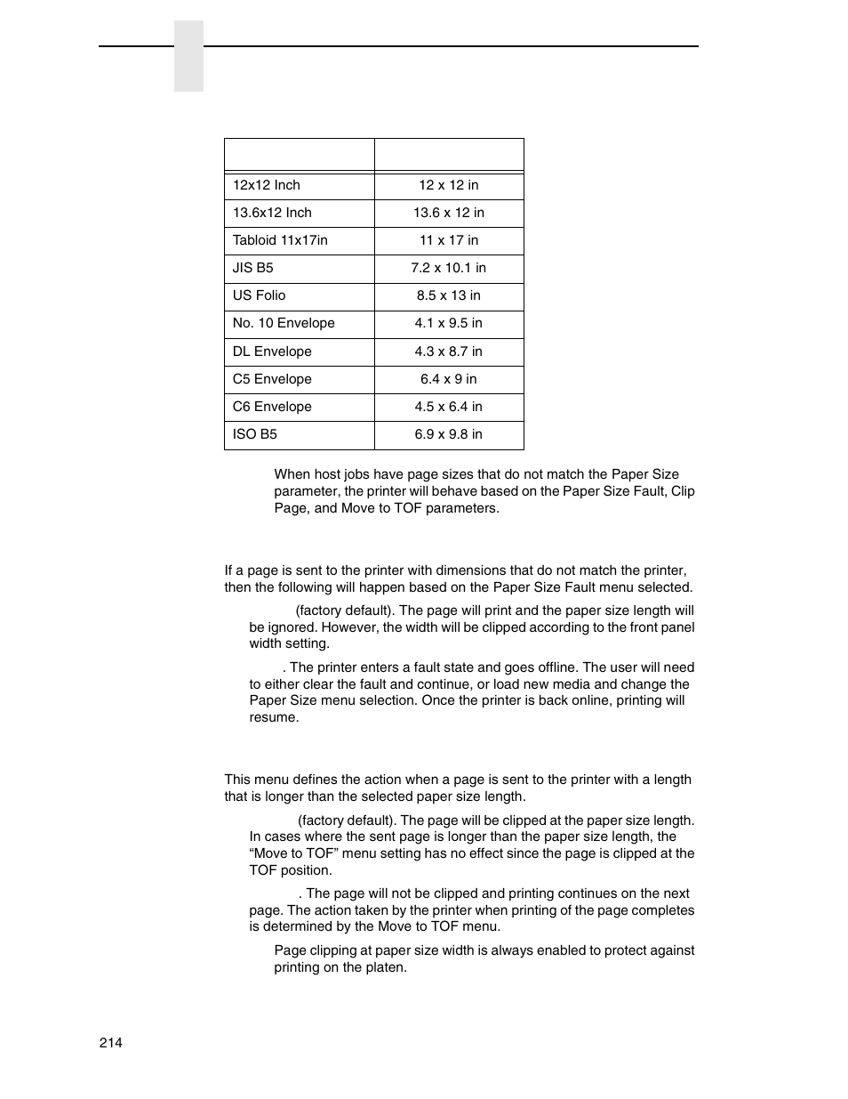 Paper size fault, Clip page | Printronix P8000 Series Cartridge Ribbon Printer User Manual | Page 214 / 414