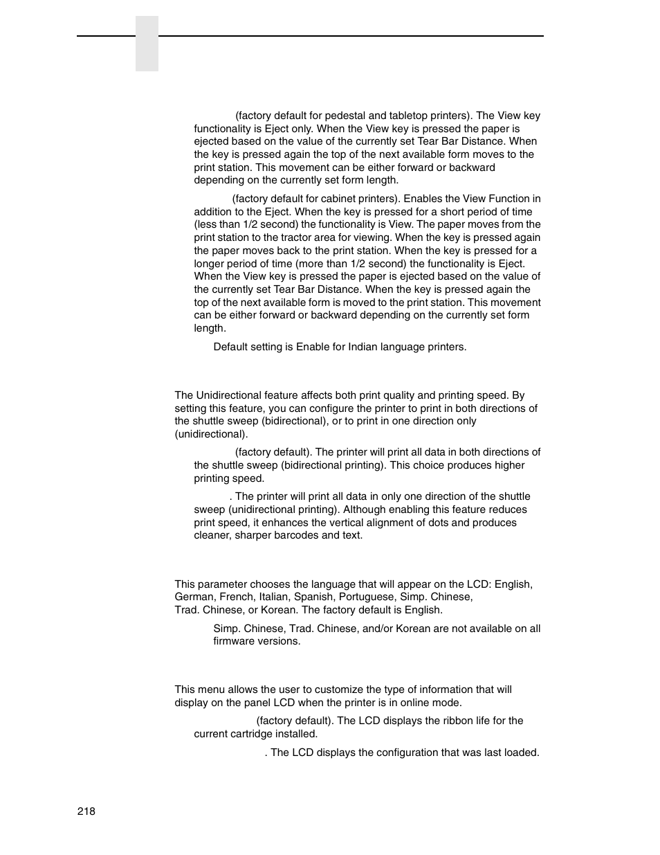View function, Unidirectional, Display language | Panel display | Printronix P8000 Series Cartridge Ribbon Printer User Manual | Page 218 / 414