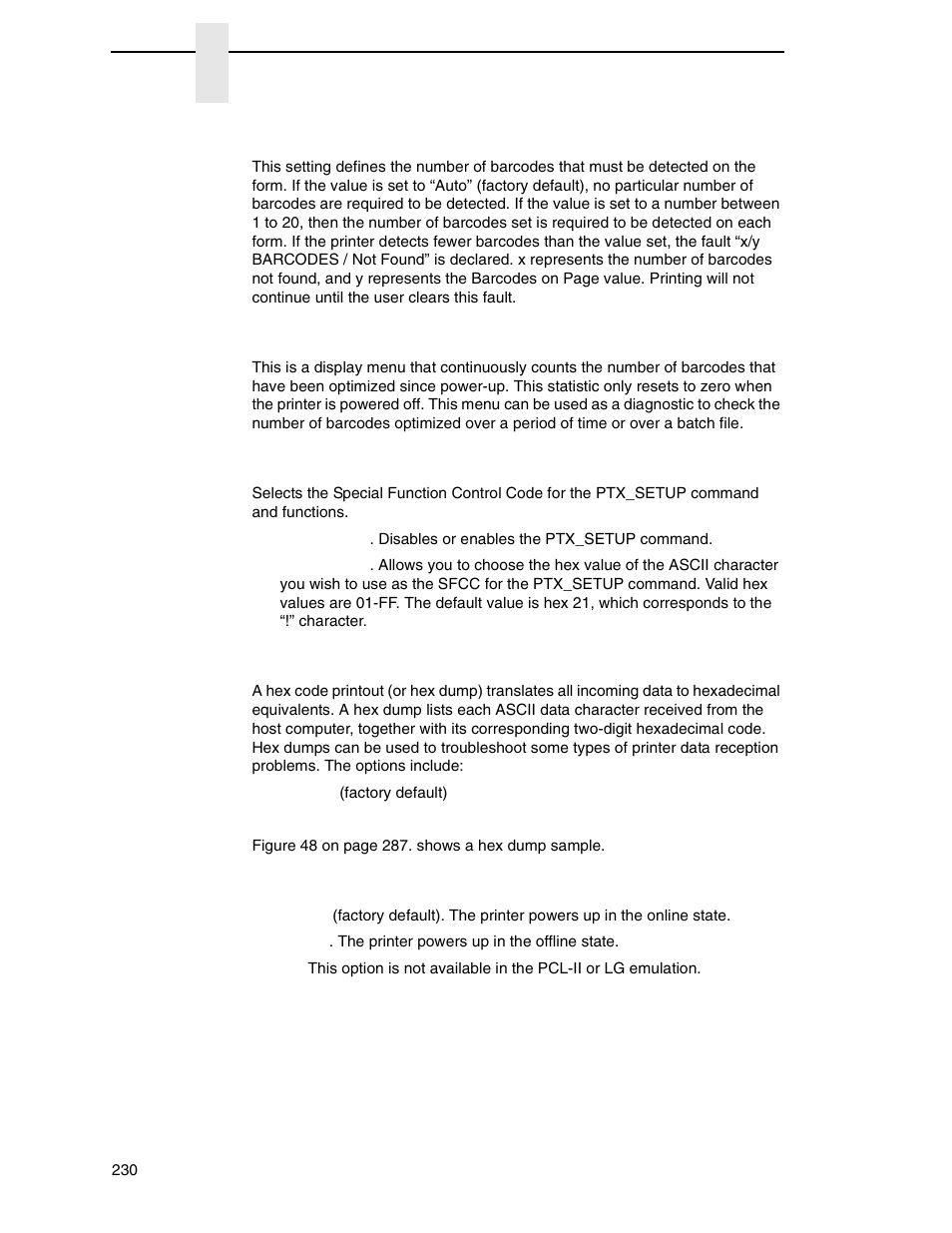 Barcodes on page, Bcodes optimized, Ptx_setup option | Hex dump mode, Power-up state | Printronix P8000 Series Cartridge Ribbon Printer User Manual | Page 230 / 414