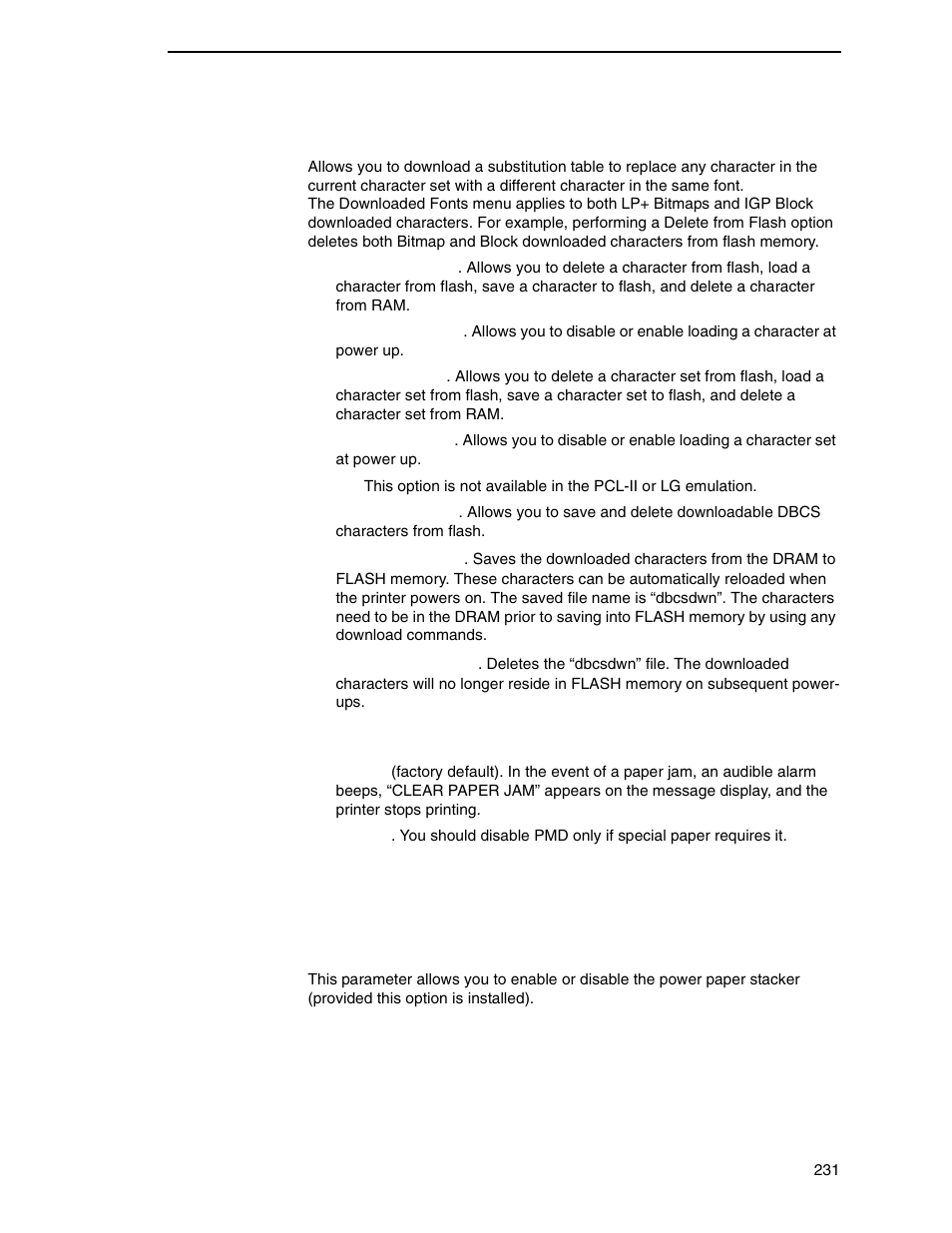 Downloaded fonts, Pmd (paper motion detection) fault, Power stacker | Printronix P8000 Series Cartridge Ribbon Printer User Manual | Page 231 / 414