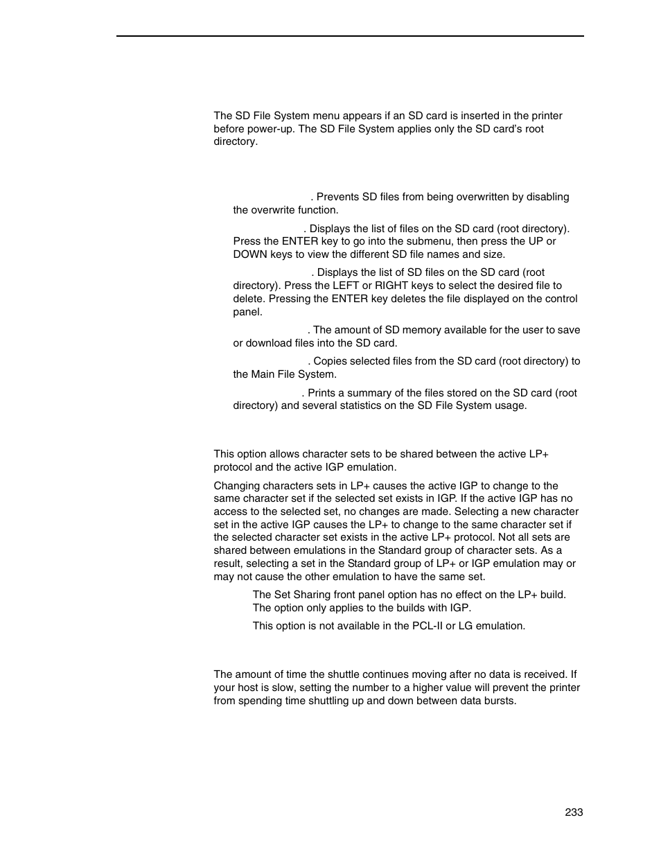 Sd file system, Set sharing, Shuttle timeout | Printronix P8000 Series Cartridge Ribbon Printer User Manual | Page 233 / 414