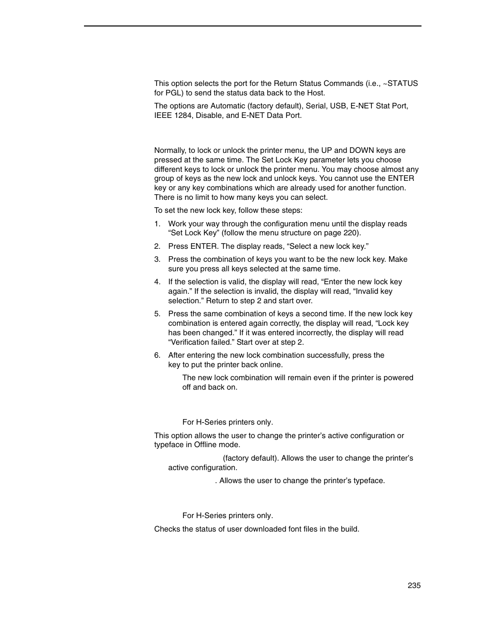 Ret. status port, Set lock key, Job sel/typeface | Print hist. log | Printronix P8000 Series Cartridge Ribbon Printer User Manual | Page 235 / 414