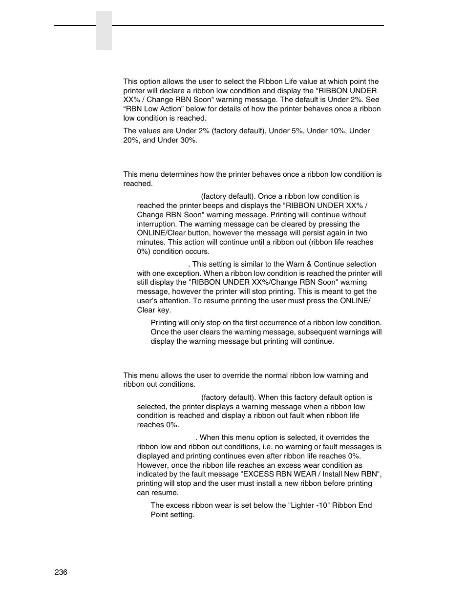 Rbn low warn, Rbn low action, Rbn end action | Printronix P8000 Series Cartridge Ribbon Printer User Manual | Page 236 / 414
