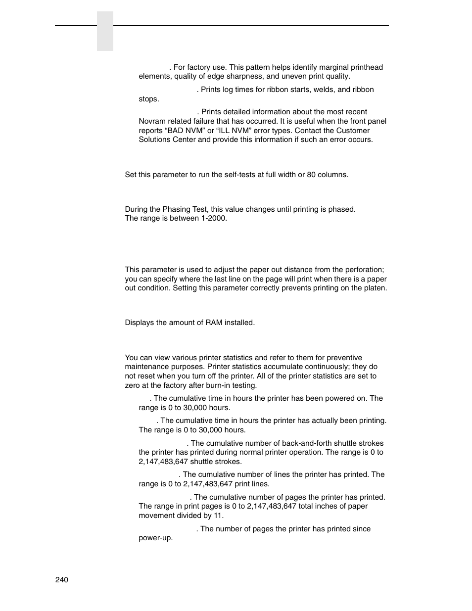 Test width, Phase value, Paper out dots | Print statistics | Printronix P8000 Series Cartridge Ribbon Printer User Manual | Page 240 / 414