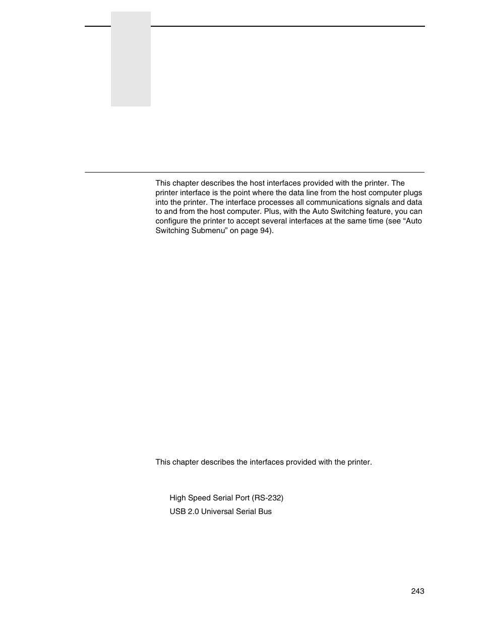 5 interfaces, Overview, Interfaces | Printronix P8000 Series Cartridge Ribbon Printer User Manual | Page 243 / 414