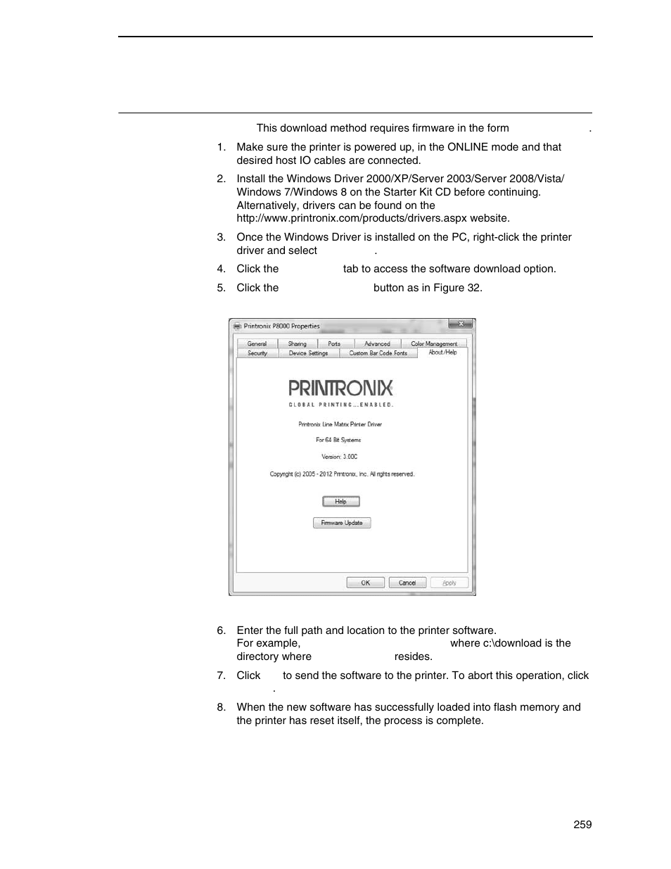 Windows driver download | Printronix P8000 Series Cartridge Ribbon Printer User Manual | Page 259 / 414