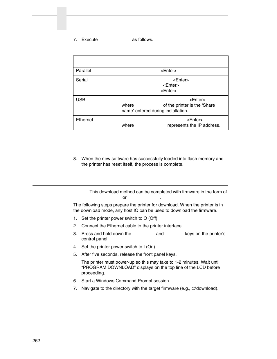 Manual two-key download sequence | Printronix P8000 Series Cartridge Ribbon Printer User Manual | Page 262 / 414