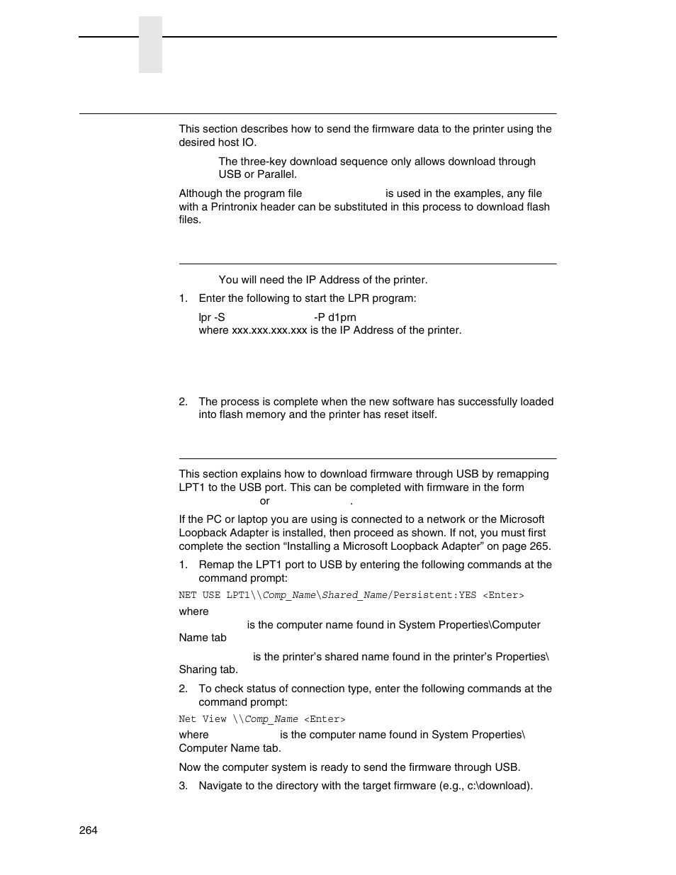 Sending firmware in download mode, Sending firmware via ethernet (lpr), Sending firmware via usb | Printronix P8000 Series Cartridge Ribbon Printer User Manual | Page 264 / 414