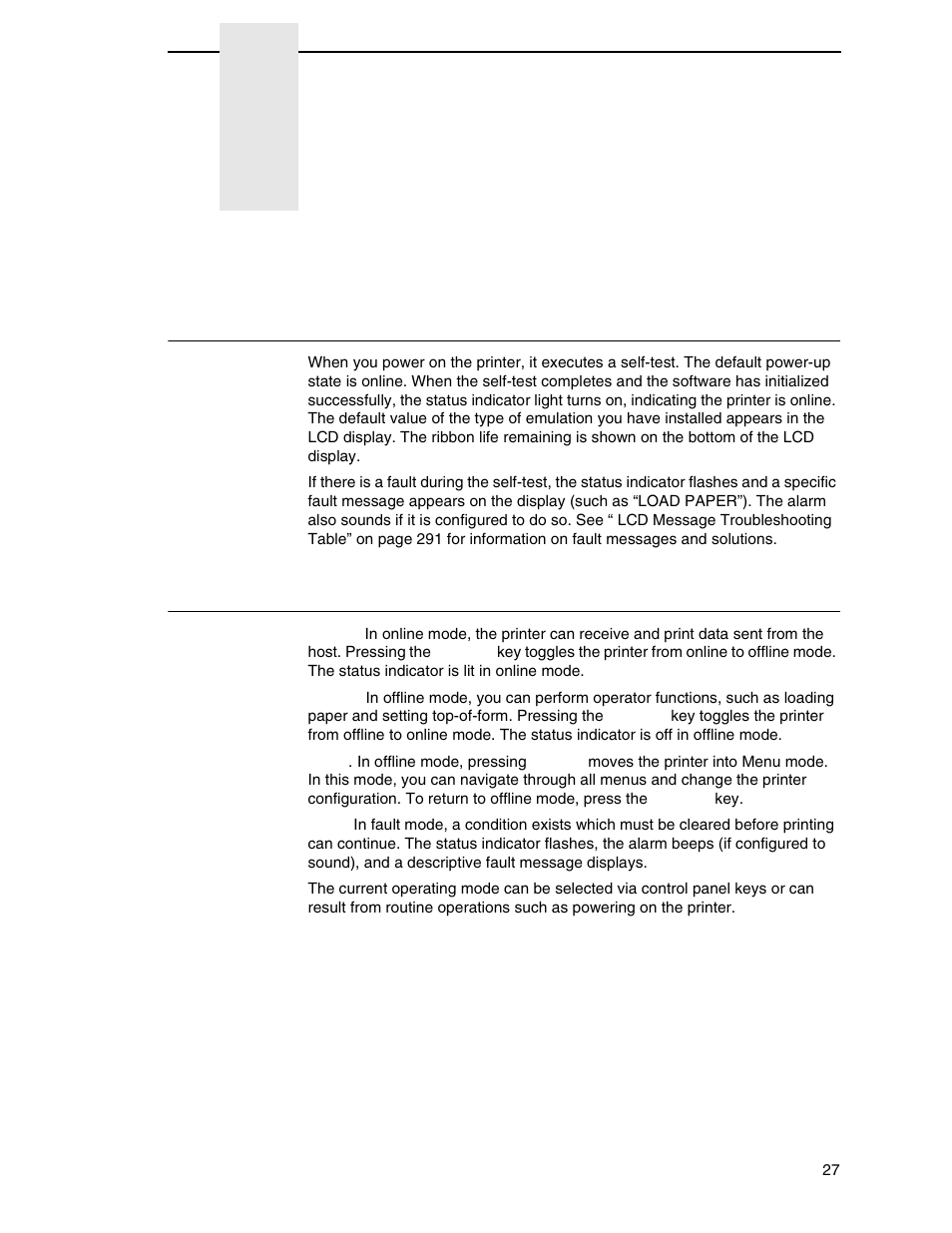 3 operating the printer, Powering on the printer, Operating modes | Operating the printer | Printronix P8000 Series Cartridge Ribbon Printer User Manual | Page 27 / 414