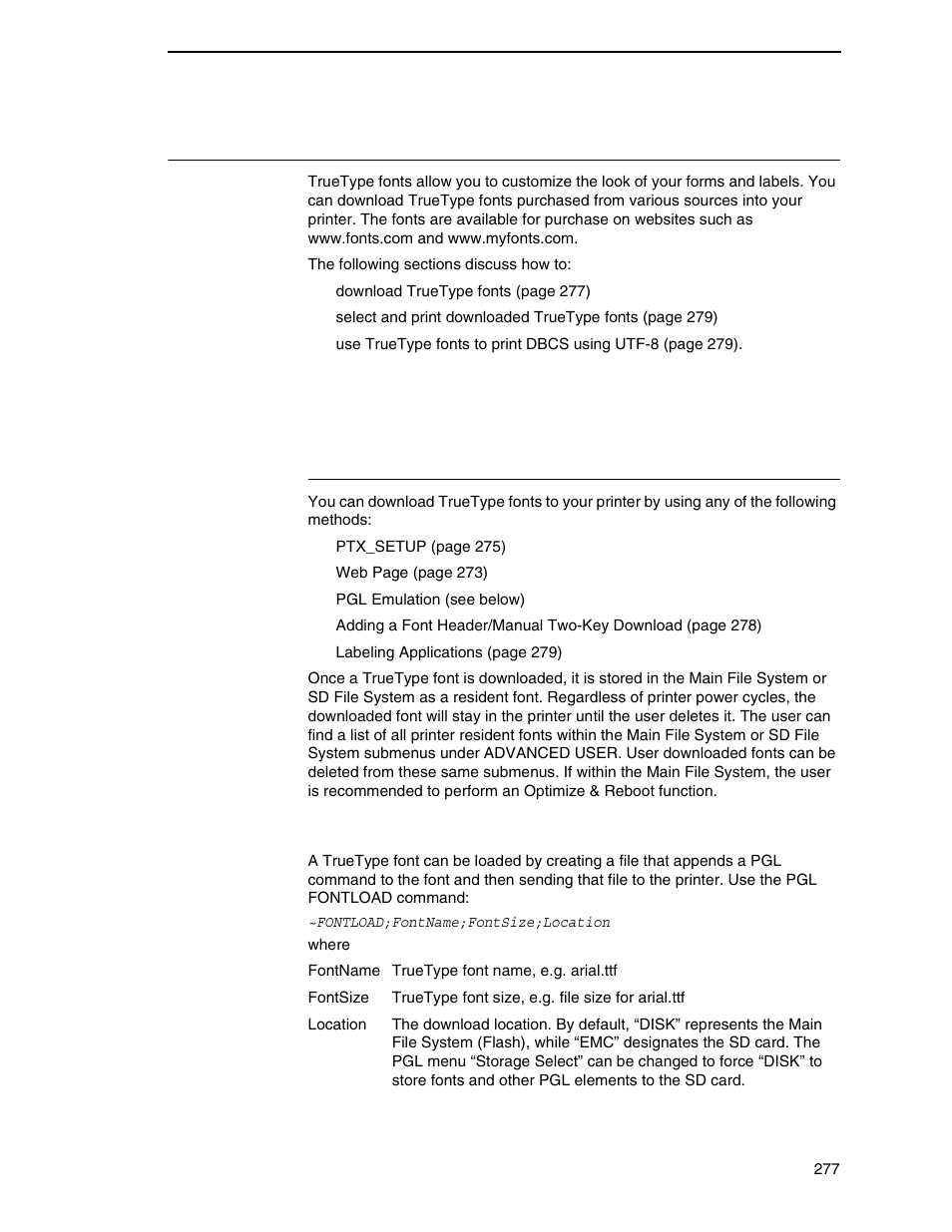 Using truetype fonts, Downloading truetype fonts, Pgl emulation | Printronix P8000 Series Cartridge Ribbon Printer User Manual | Page 277 / 414