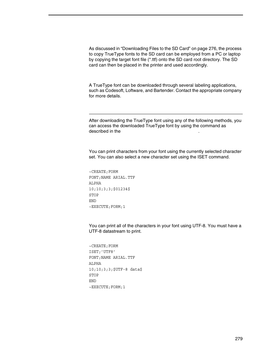 Select and print downloaded truetype fonts, Labeling applications | Printronix P8000 Series Cartridge Ribbon Printer User Manual | Page 279 / 414