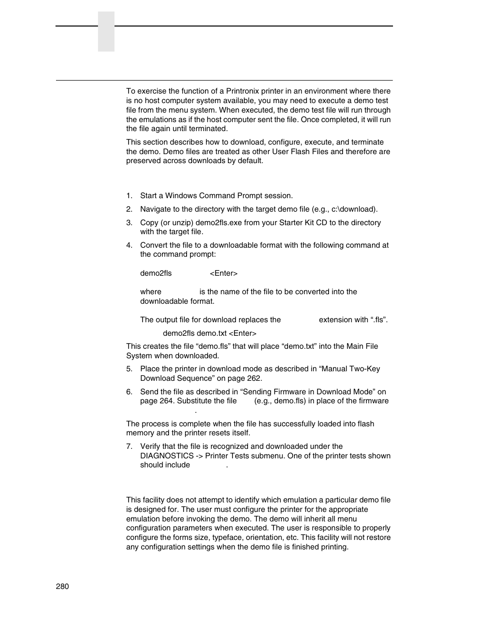 Demo facility, Downloading a demo file, Configuring the printer to run a demo file | Printronix P8000 Series Cartridge Ribbon Printer User Manual | Page 280 / 414