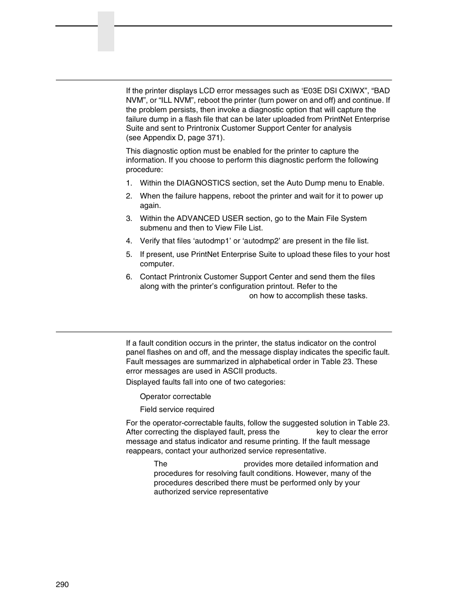 Diagnostics for exx, bad nvm, or ill nvm errors, Fault messages (ascii in alphabetical order) | Printronix P8000 Series Cartridge Ribbon Printer User Manual | Page 290 / 414