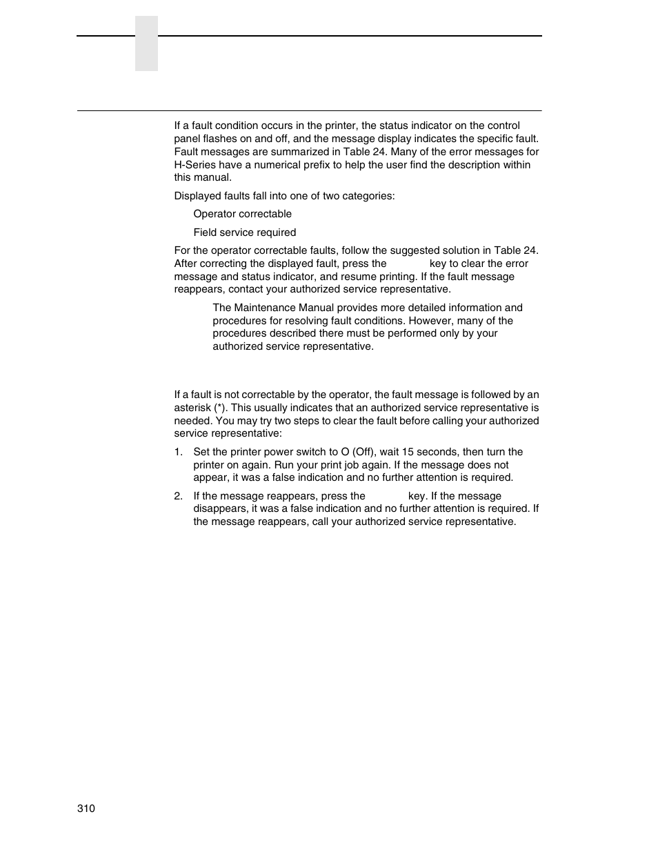 Fault messages (h-series with numerical prefix), Fault messages requiring field service attention | Printronix P8000 Series Cartridge Ribbon Printer User Manual | Page 310 / 414