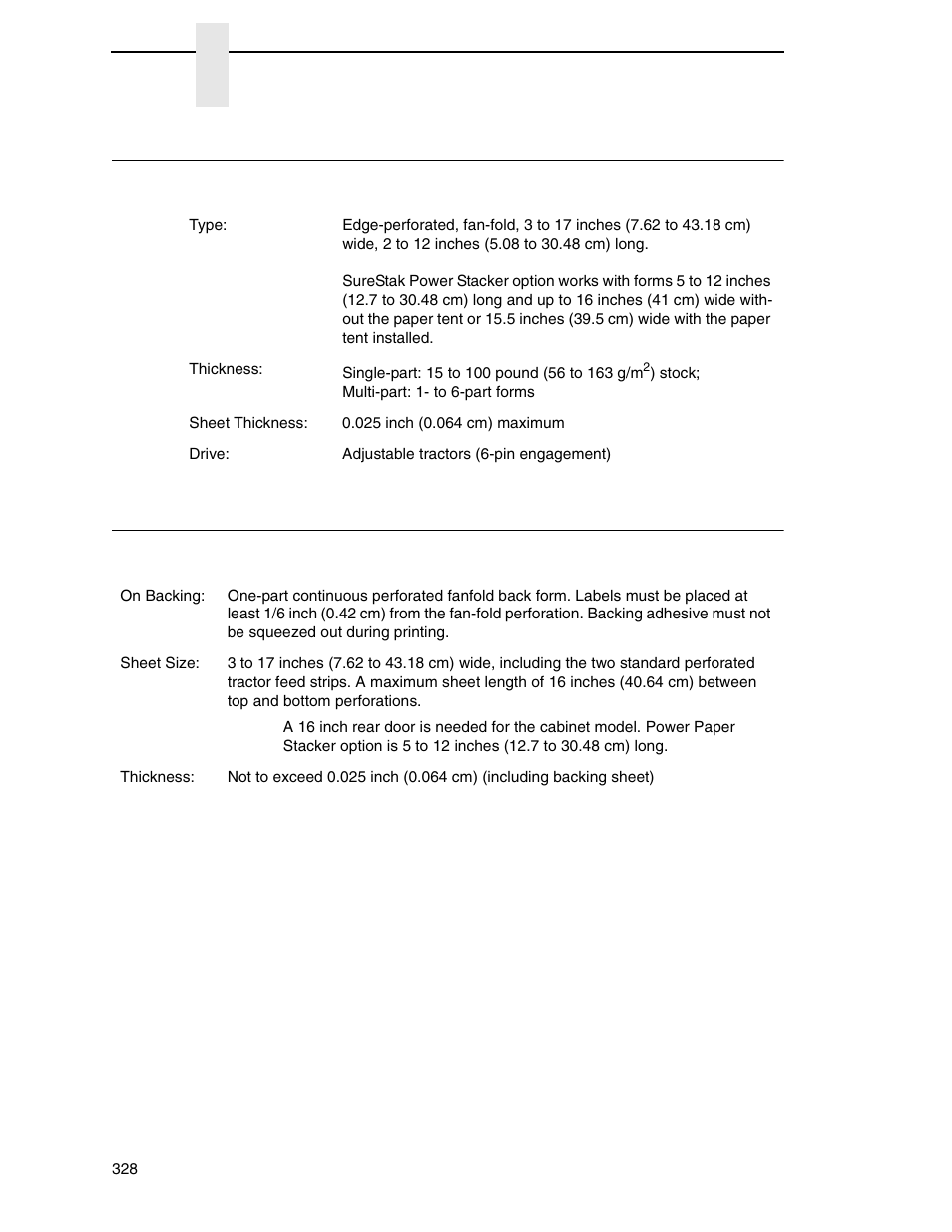 Paper specifications, Labels, Paper specifications labels | Printronix P8000 Series Cartridge Ribbon Printer User Manual | Page 328 / 414