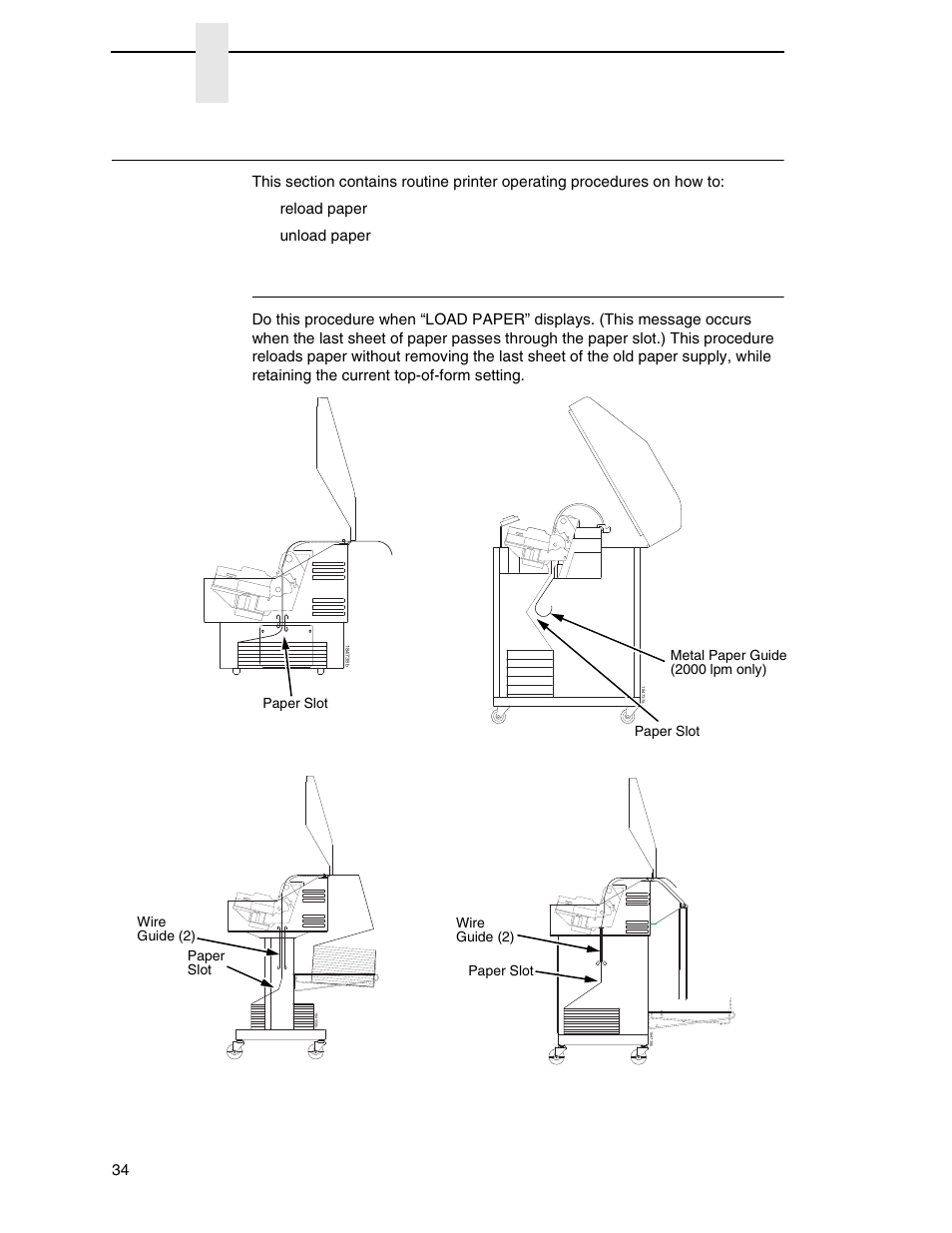 Operational procedures, Reload paper, Chapter 3 | Printronix P8000 Series Cartridge Ribbon Printer User Manual | Page 34 / 414