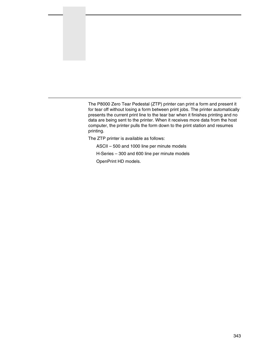 D zero tear pedestal printer, Overview, Zero tear pedestal printer | Printronix P8000 Series Cartridge Ribbon Printer User Manual | Page 343 / 414