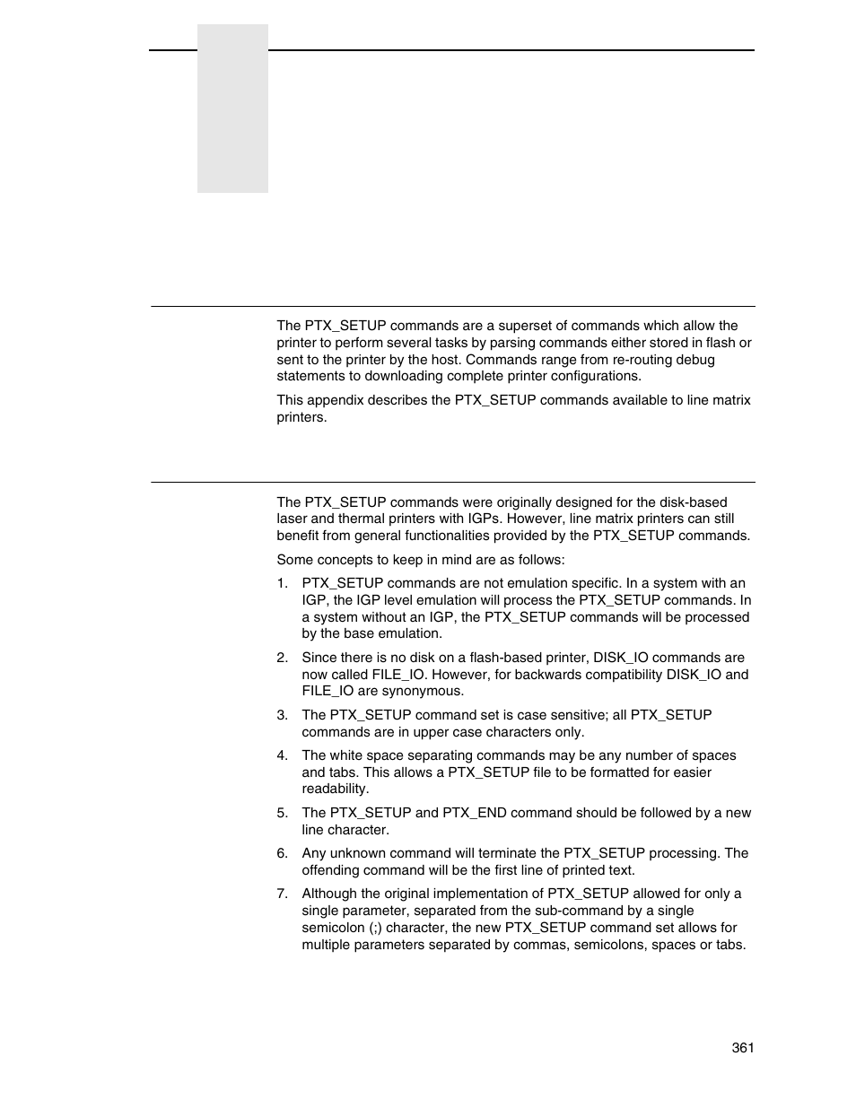 F ptx_setup commands, Overview, The ptx_setup commands | Ptx_setup commands | Printronix P8000 Series Cartridge Ribbon Printer User Manual | Page 361 / 414