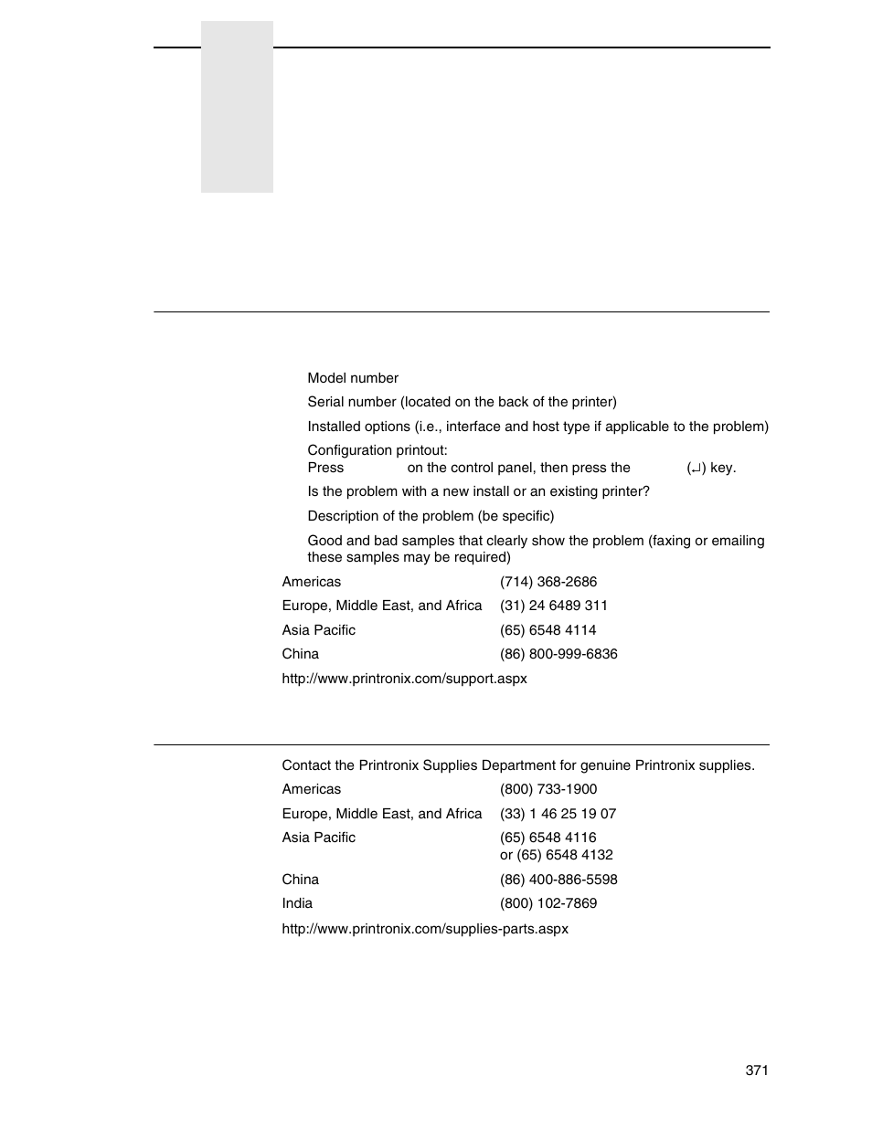 G customer support, Printronix customer support center, Printronix supplies department | Customer support | Printronix P8000 Series Cartridge Ribbon Printer User Manual | Page 371 / 414